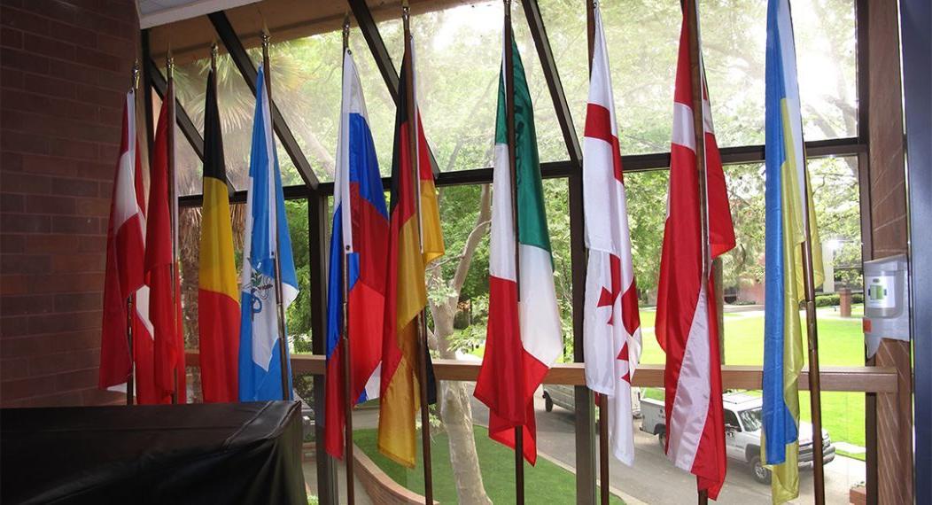 flags on the second floor of Northwest Hall